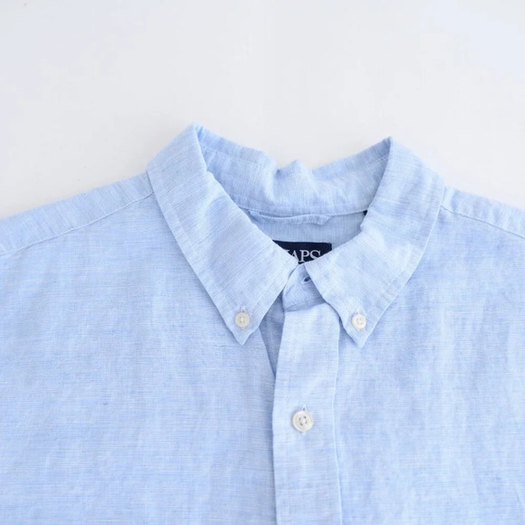 Chaps Sky Blue  52% Linen Button Down Short Sleeve Dress Shirt Size XL - Picture 8 of 10